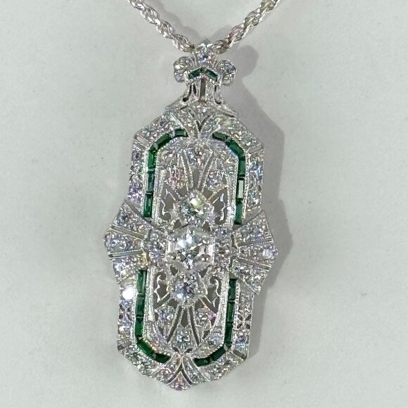 Roaring 20's Art Deco Reto Sterling Silver Lab Created Diamond & Emerald Pendant - Picture 5 of 13